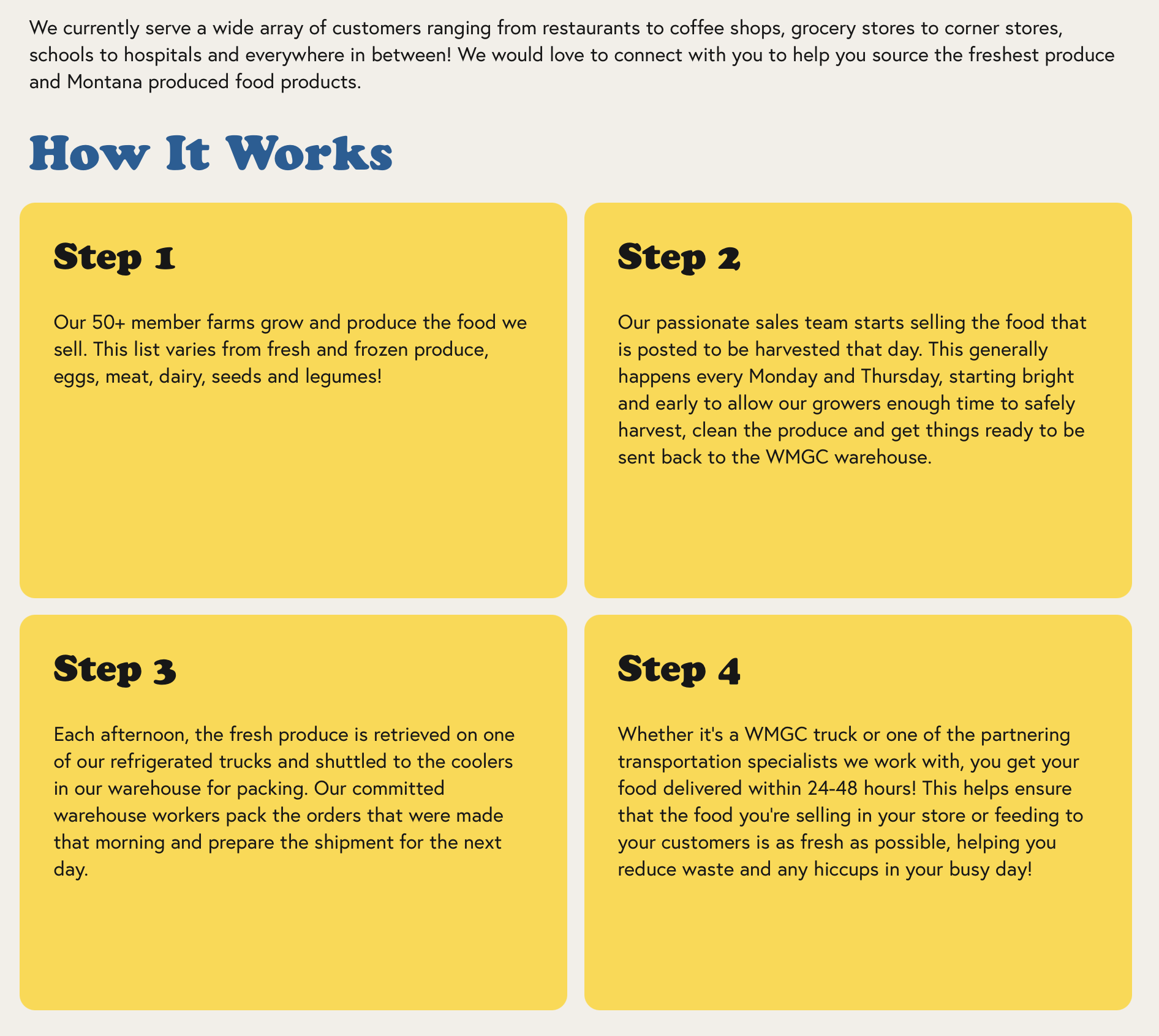 a graphic visual showing the four steps to ordering wholesale fresh produce online