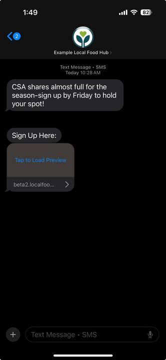 Screen shot of sms marketing message